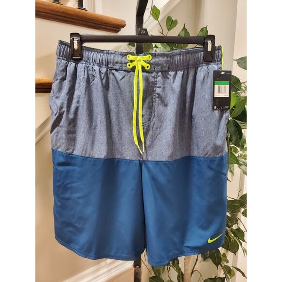 Nike Men Blue Polyester Pull On Drawstring Swim Trunk Logo Print Shorts Size LT